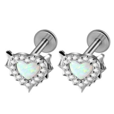 Imagem de Piercingpops 2 peças Planet Heart Cubic Zirconia Labret 16g Stud Piercing Tiny G23 Titanium Flat Back Cartilage Tragus Conch Helix Climber Brincos Lip Monroe para mulheres ou homens (coração opala