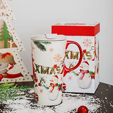 Imagem de Topadorn Caneca de viagem de cerâmica de Natal xícara de café de porcelana com tampa e caixa à prova de derramamento, canecas de Natal de boneco de neve de 500 ml