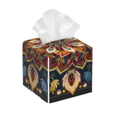 Imagem de Porta-lenços de couro quadrado à prova d'água flor mandala boêmia étnica facial organizador de papel com cinto inferior cubo estojo de lenços para mesa, banheiro, escritório, mesa, carro, decorativo