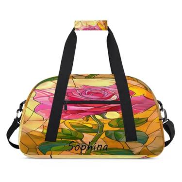 Imagem de Bolsa esportiva personalizada de flor de vidro rosa retrô com nome, bolsa noturna personalizada, bolsa de festa do pijama, bolsa de treino para dança, balé, academia, ginástica, mala, viagem, presente
