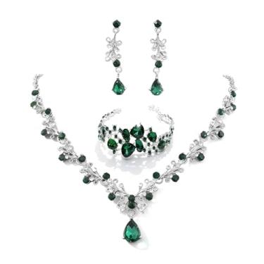 Imagem de Peraca Cris Conjuntos de joias de casamento para noivas conjunto de brincos de pulseira de strass de cristal verde dourado brilhante zircão elegante acessórios de joias, Large, Zinco, Sem Pedra