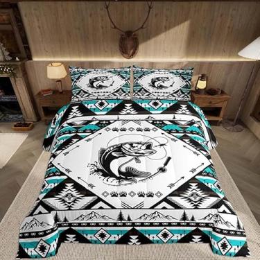 Imagem de Feelyou Conjunto de edredom infantil de peixe, tamanho Queen, pesca, caça, ocidental, para quarto de crianças, meninos e meninas, decoração asteca do sudoeste, verde microfibra ultramacia e respirável