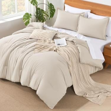 Imagem de Andency Conjunto de edredom extragrande bege super king – 7 peças, cama creme em uma bolsa, edredom de verão, macio, leve com lençol de cima, fronhas e fronhas