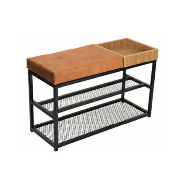 Imagem de SAPATEIRA ORGANIZADORA COM TELA 80CM ASSENTO ESTOFADO LUXO CAPITONE COM CAIXA APARADOR(Estrutura Preta/Assento Marrom)