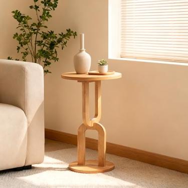 Imagem de COVLON Mesa de canto redonda pequena, mesa de madeira maciça, mesa de cabeceira para espaços pequenos, para sala de estar, quarto