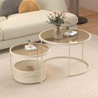 Imagem de Yadlan Mesa de centro de vidro de segurança moderna de 2 peças, resistente ao calor e a arranhões, placa redonda grande, estrutura de ferro estável perfeita para sala de estar bege 3 60 cm 45 cm