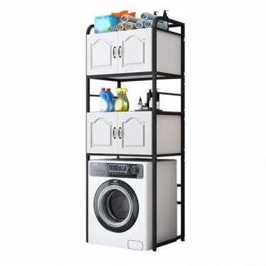 Imagem de SPXMQSS Armazenamento sobre vaso sanitário, armário de armazenamento sobre máquina de lavar, economia de espaço de banheiro independente com porta e compartimentos abertos, para banheiro, lavanderia