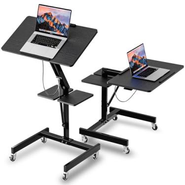 Imagem de FULOOPHI Mesa móvel de pé com rodas, mesa de laptop ajustável em altura, estação de trabalho ergonômica portátil de 70 cm com rodízios de travamento e parte superior inclinada, preta
