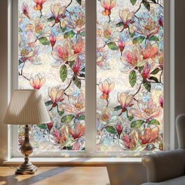 Imagem de DUOFIRE Películas para janela para privacidade decorativa vitral película de janela arco-íris magnólia floral aderência estática não adesivo reutilizável anti UV colorido decalque de janela para casa