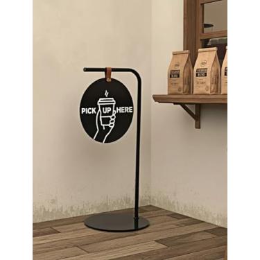 Imagem de Placa de metal para calçada – Placa de estação de coleta de ferro de 73 cm com base redonda, placa suspensa unilateral personalizável | Placa durável para viagem de café para café, restaurante