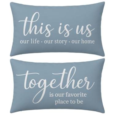 Imagem de HERHOME This is us/Together is Our Favorite Place to be Farmhouse Capas de almofada decorativas 12 x 20 conjunto de 2, capas de almofada para área externa azul empoeirado para cama de casa sofá XHP