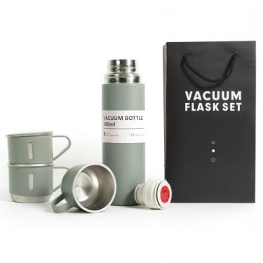 Imagem de Conjunto de frascos de vácuo verde, garrafa de água isolada de aço inoxidável com 3 xícaras, garrafa térmica de café para bebidas quentes e frias, copo térmico reutilizável para viagens de acampamento