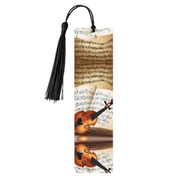 Imagem de Borboleta e violoncelo – Conjunto de 5 peças de madeira com borlas, madeira natural para livros e diários, presente para amantes de livros.