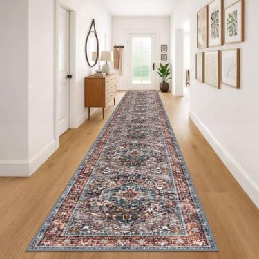 Imagem de KOZYFLY Tapete de área 10 x 5,8 m lavável Boho Runner para entrada corredor interior impresso tapete de lã sintética para quarto cozinha hall, tijolo vermelho/laranja/verde