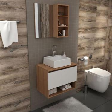 Imagem de Kit Gabinete Suspenso para Banheiro com Espelheira Cuba Amêndoa - Tecn
