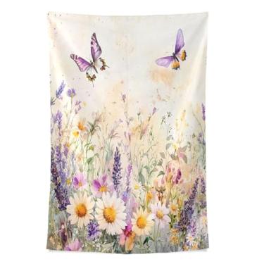 Imagem de STAYTOP Tapeçaria de primavera flores silvestres e borboletas tapeçarias para decoração de casa decoração de dormitório sala de estar quarto tapete de parede (80 × 60 pol)