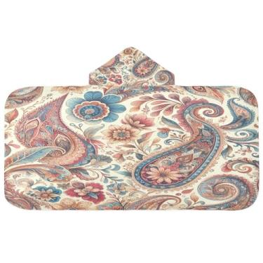 Imagem de Burbuja Toalha de banho com capuz retrô Paisley para crianças, toalha de praia de pelúcia macia absorvente para meninas e meninos 3-10 anos, 61 x 127 cm