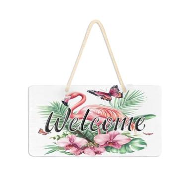 Imagem de Burbuja Placa de boas-vindas com flores de orquídea flamingo para porta da frente, placa de boas-vindas de PVC para pendurar na parede varanda casa de fazenda, decoração de feriados, 15 x 28 cm