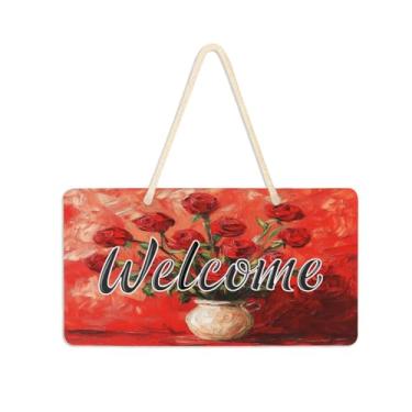 Imagem de Burbuja Placa de boas-vindas de vaso rosa para porta da frente, placa de boas-vindas de PVC para decoração de férias, 15 x 28 cm