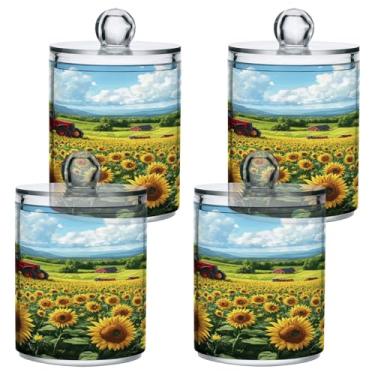 Imagem de STAYTOP 4 peças lindas garrafas de boticário de girassol rancho Qtip para banheiro com etiquetas - recipiente de armazenamento Qtip de plástico transparente acrílico para bola de algodão, cotonete