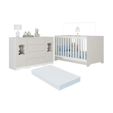Imagem de Berço Americano 3 em 1 com Colchão Incluso e Cômoda 2 Portas 4 Gavetas Doçura Multimóveis Mp4737 Branco/off White