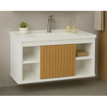 Imagem de Armário Gabinete Completo Para Banheiro Cuba Pia Completo Suspenso Com Nichos Cores (Branco/Ripado)