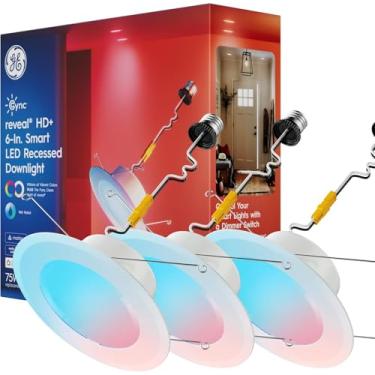 Imagem de GE Cync Reveal HD+ Luminária embutida de LED inteligente, luz LED que muda de cor, funciona com Alexa e Google Home, compatível com o Matter, luminária de teto, 15 cm (pacote com 3)