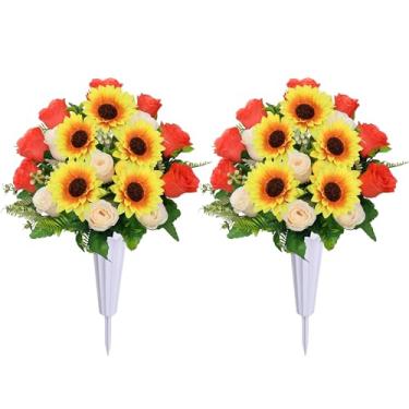 Imagem de Lodou Flores artificiais de cemitério para sepultura, conjunto de 2 flores artificiais de ramo de girassol de rosas para decoração de túmulos ao ar livre (laranja bege)