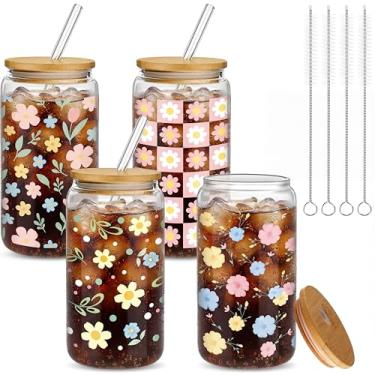 Imagem de Mumufy Presente para mulheres copo de vidro fofo copo flor gelado canecas de café 473 ml vidro com tampa de bambu e canudo, presente de aniversário de dia das mães para mãe irmã dama de honra chá de