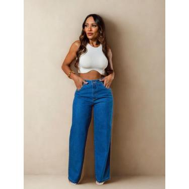 Imagem de Calça Jeans Feminina Wide Leg Pantalona Algodão Básica Bolso Tamanho:4