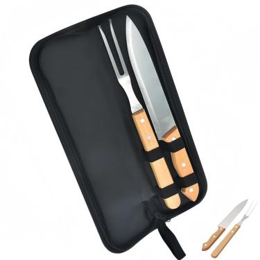 Imagem de Kit Churrasco Premium, Conjunto de Faca e Garfo em Aço Inox com Cabo de Madeira Natural, 2 Peças, Faca 31,7cm e Garfo 32,7cm, Estojo de Transporte Incluído