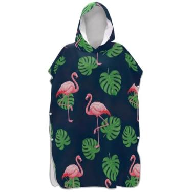 Imagem de Joisal Roupão trocador de poncho de surfe flamingos rosa folhas verdes para Adul Plus Size unissex adulto poncho com capuz toalha de natação bonito