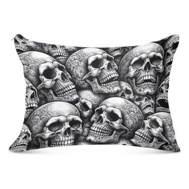 Imagem de Fronha decorativa de caveira preta branca com zíper padrão Queen King Capas de travesseiro de cama fofas extra macias, tamanho king, 50,8 cm x 101,6 cm