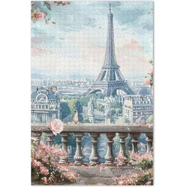 Imagem de Quebra-cabeça Eiffel de rosas rosas da cidade de Paris para adultos 1000 peças engraçadas arte floral pintura família quebra-cabeças elefante branco presentes engraçados