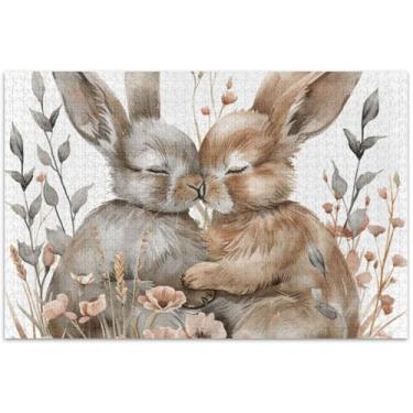 Imagem de Quebra-cabeça de coelho fofo beijando coelhinho 1000 quebra-cabeças para adultos, pintura de belas artes, quebra-cabeças grandes, presentes de festa de elefante branco, 75 x 40 cm