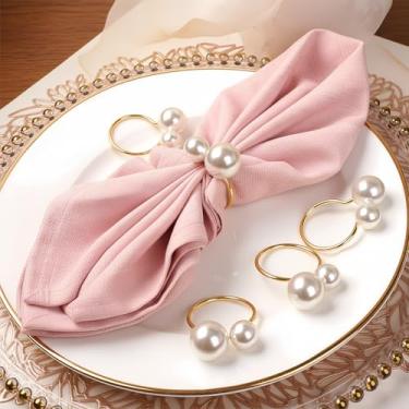 Imagem de Singring 40 anéis de guardanapo de pérola, anéis de ouro, porta-guardanapos, fivela de pérola para casamento, Natal, jantar de ação de graças, decoração de mesa