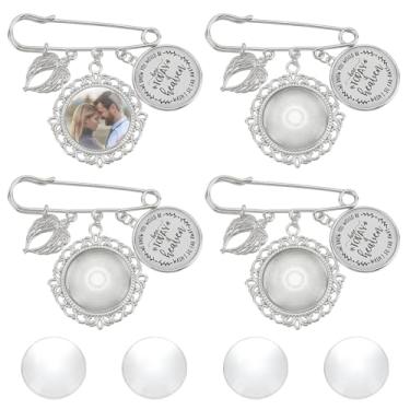 Imagem de WEBEEDY Conjunto de 4 berloques para fotos de buquê de casamento prata lembrança de memória com asa de anjo broche de lapela personalizado para noivo noiva kit de broche para decoração de aniversário
