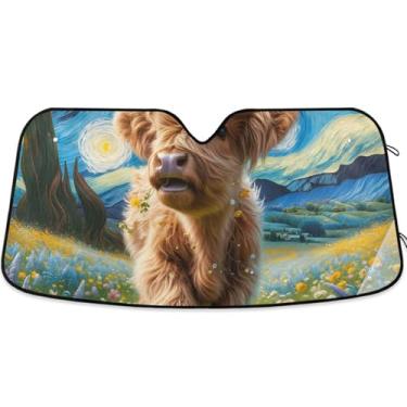 Imagem de Guarda-sol floral de vaca Highland personalizada noite estrelada para para-brisa de carro capa de para-brisa automotiva universal dobrável universal protetor solar floral S, 134,6 cm x 59,7 cm