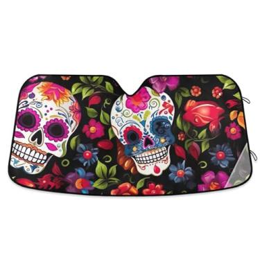 Imagem de Guarda-sol floral de caveira de açúcar personalizado para para-brisa de carro acessórios engraçados dobráveis para janelas para-brisa frontal P, 134,6 cm x 59,7 cm