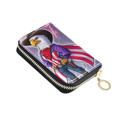 Imagem de Carteira feminina com bloqueio de RFID, carteira de couro com zíper ao redor do zíper, carteira de viagem com chaveiro, águia careca, caubói, bandeira americana