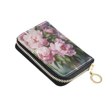 Imagem de Carteira de couro feminina, 9 compartimentos para cartão de crédito e 2 compartimentos para dinheiro, pequena carteira de viagem para dinheiro com bolso para moedas, buquê de peônias rosa