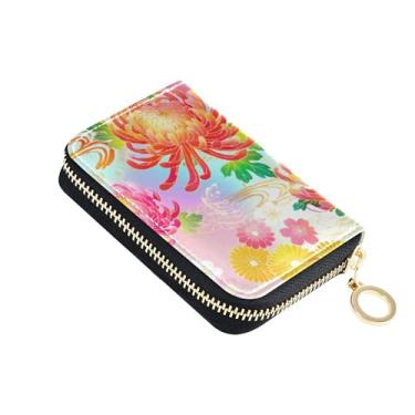 Imagem de Carteira feminina floral colorida tradicional de couro com porta-cartões com bloqueio de RFID, pequena bolsa de moedas com zíper