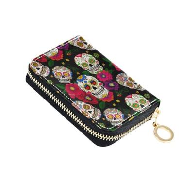 Imagem de Carteira feminina com zíper e bloqueio de RFID, porta-cartões de crédito, carteira de couro com zíper e bolsa para moedas, caveiras coloridas, vibrantes, engraçadas