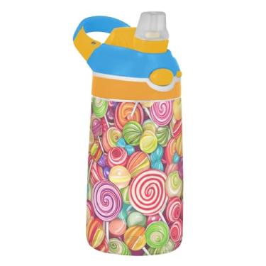 Imagem de Garrafa de água infantil de desenho animado de pirulito colorido 473 ml Tritan garrafa de água de plástico reutilizável com tampa de canudo 473 ml copo infantil portátil à prova de vazamento, alça de