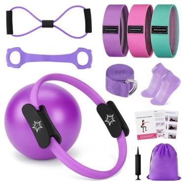 Imagem de Equipamento de Pilates, kit de anel de pilates para treino doméstico com faixas de resistência, círculo mágico de 35 cm, mini bola, kit de iniciante de Pilates para força, tonificação e flexibilidade