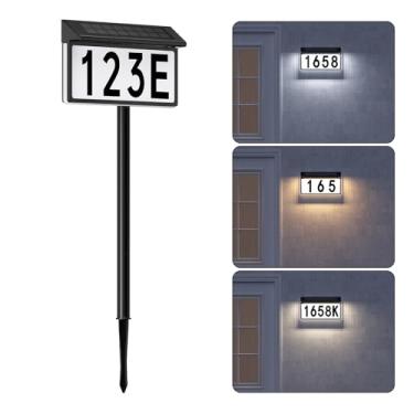 Imagem de Placa de endereço solar, números de casa iluminados para o exterior, placa com número de casa iluminada à prova d'água em 3 cores com estaca, números de endereço solares montados na parede ou no solo