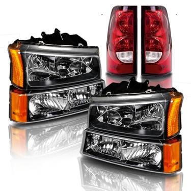 Imagem de SAFAUTOPARTS Conjunto de farol preto com canto âmbar compatível com Chevrolet Silverado 1500 2500 3500 2003-2006 + par de lanterna traseira vermelha