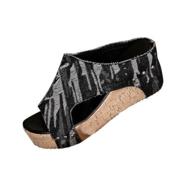 Imagem de Sandálias femininas de salto plataforma jeans para uso ao ar livre no verão com plataforma confortável e design elegante durável, Preto, 34