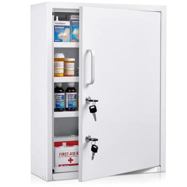 Imagem de Zonon Armário de medicamentos com trava com bolso para documentos, armário de medicamentos de metal montado na parede com chaves duplas e cadeado (branco, 53 x 40 x 15 cm, ângulo reto)