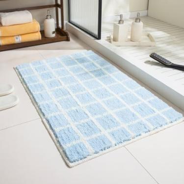 Imagem de WREWING Sweet Vintage Tapete de banho quadriculado com guingão azul claro, tapete de banheiro macio absorvente antiderrapante, tapete lavável na máquina para banheiro, banheira ou cozinha 50 x 79 cm